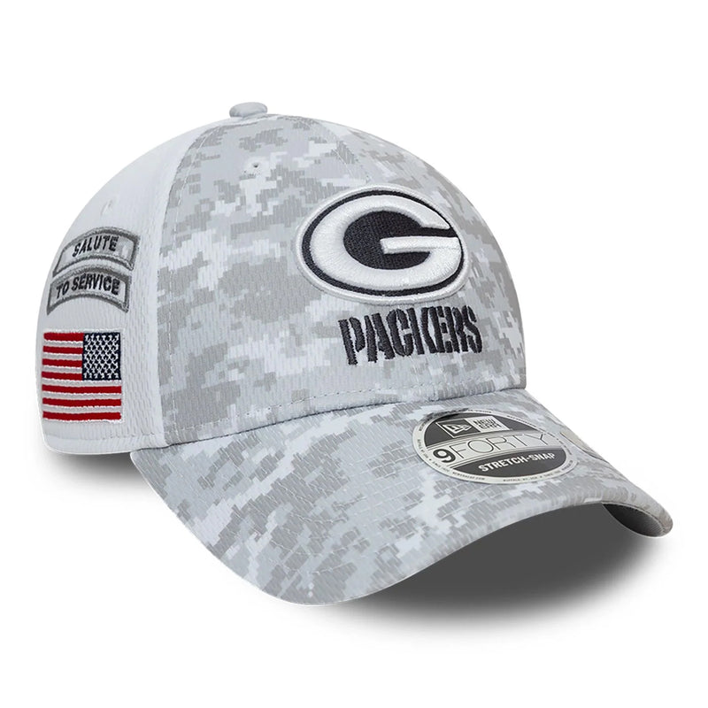 Green Bay Packers 9FORTY Salute To Service NFL Stretch Snap Adjustable White Cap by New Era - new