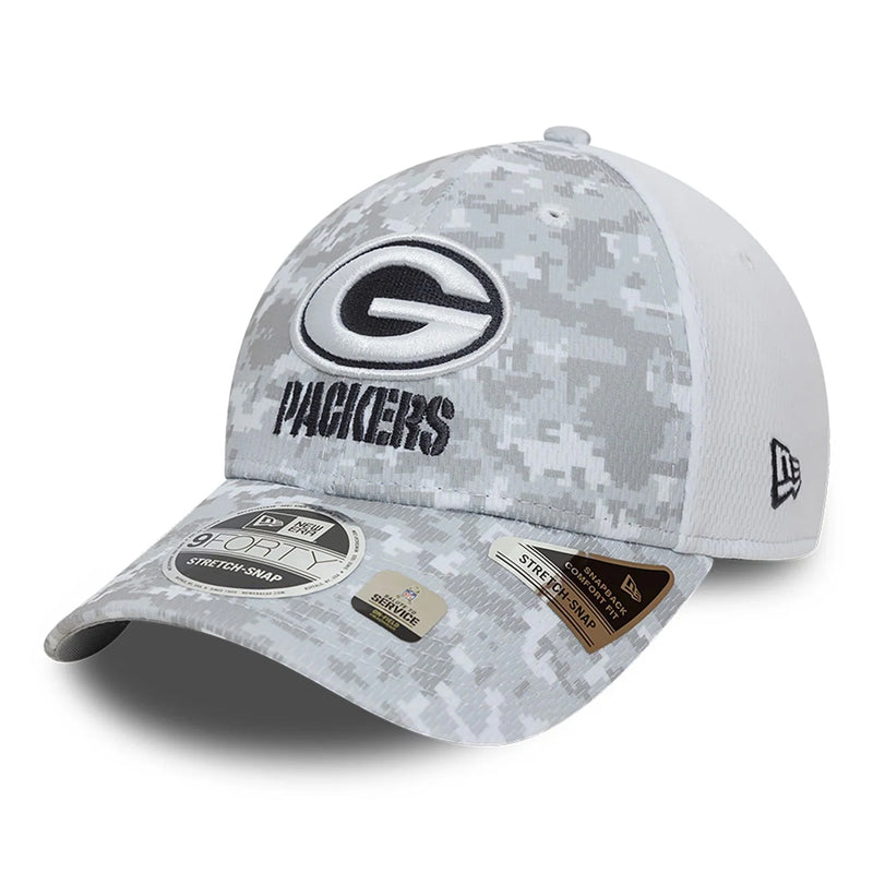 Green Bay Packers 9FORTY Salute To Service NFL Stretch Snap Adjustable White Cap by New Era - new