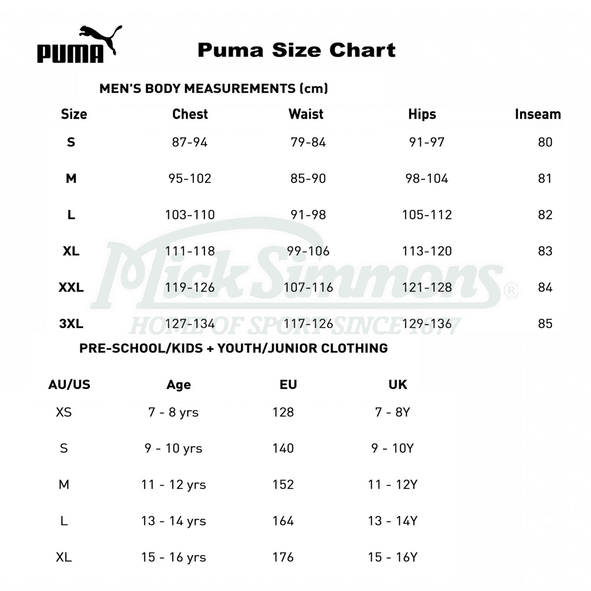 Puma sweatpants size guide best sale